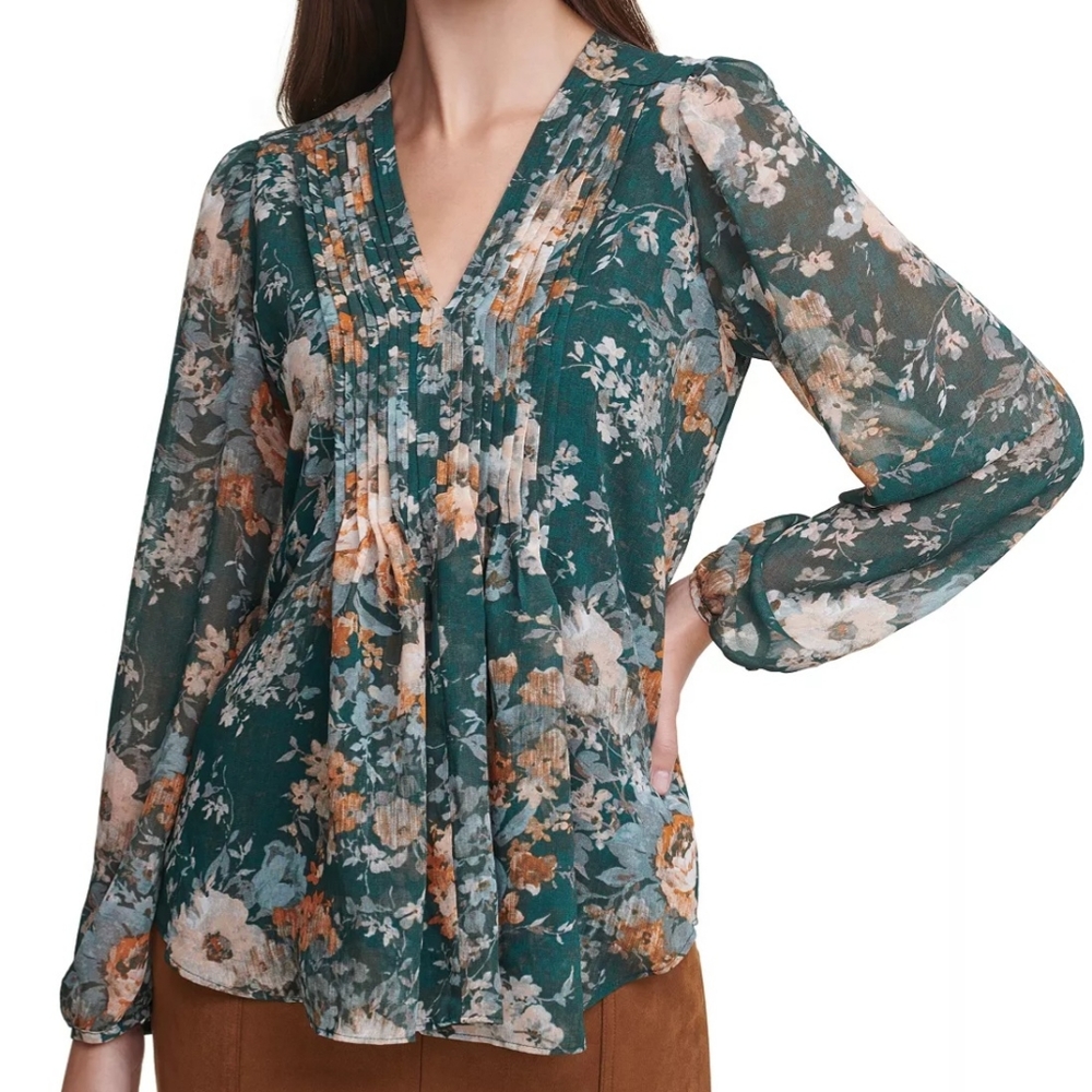 Calvin Klein Green Floral Print Pleated V-Neckline Sheer Long Sleeve Blouse